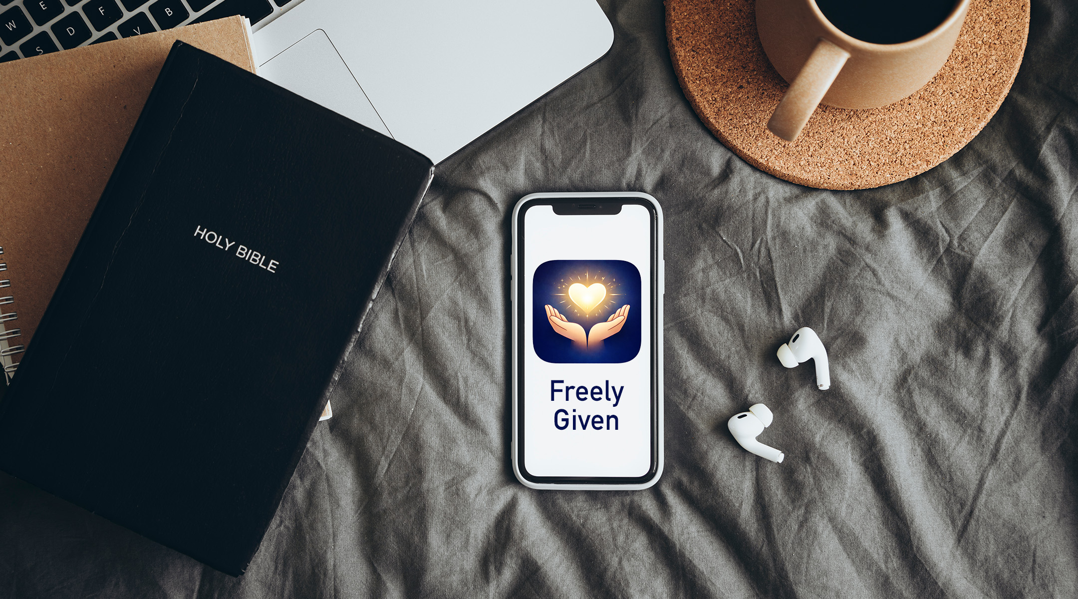 Person using Bible study app on smartphone with coffee