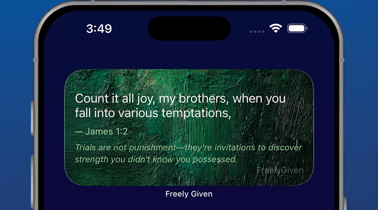 Bible verse of the day widget showing James 1:2 on an iPhone home screen
