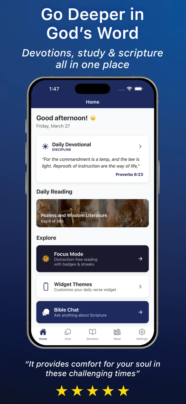 Freely Given Bible app home screen with daily devotional, daily reading, and Bible chat