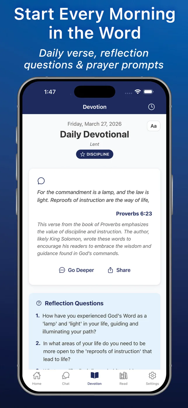 Daily devotional with Scripture passage, reflection questions, and prayer prompt in the Freely Given app