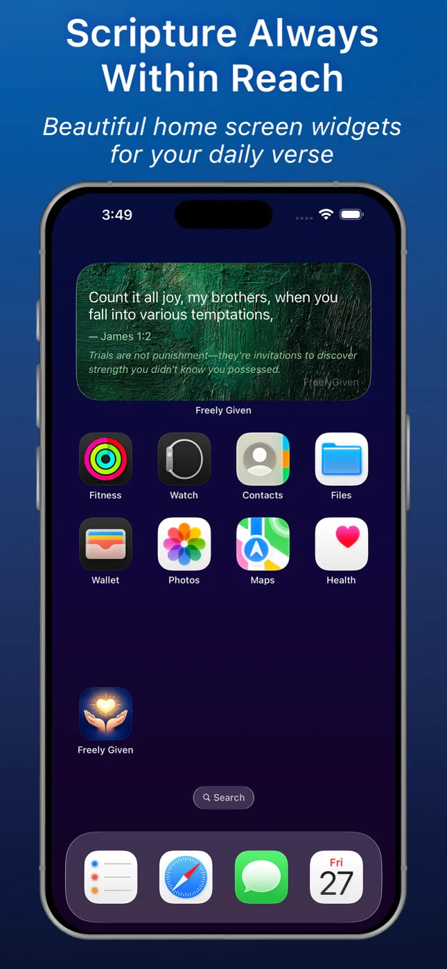 Bible verse of the day widget on an iPhone home screen from the Freely Given app
