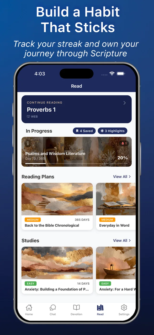 Bible reading plans with daily streak tracking in the Freely Given app