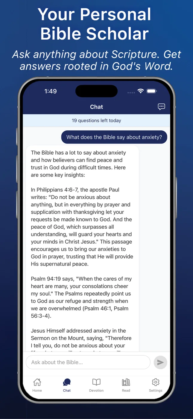 AI Bible study assistant answering a question with verse citations in the Freely Given app