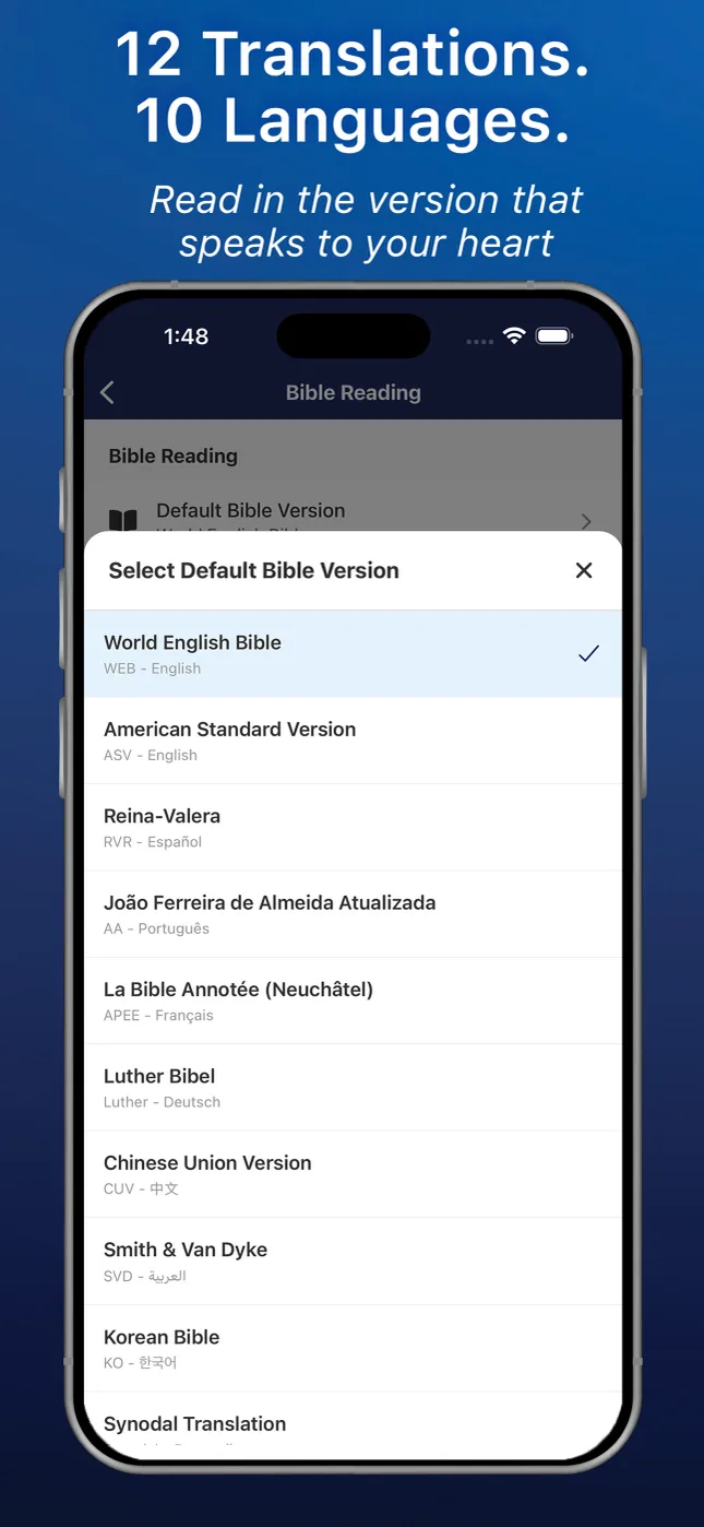 Bible translation picker showing 12 translations in 11 languages in the Freely Given app